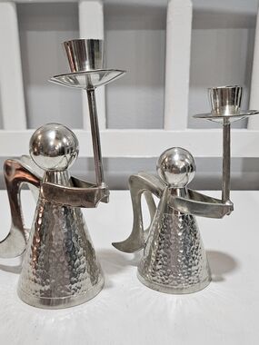 Vintage Banka Tin Aluminum Angels Candleholders Set Of 2, Indonesia